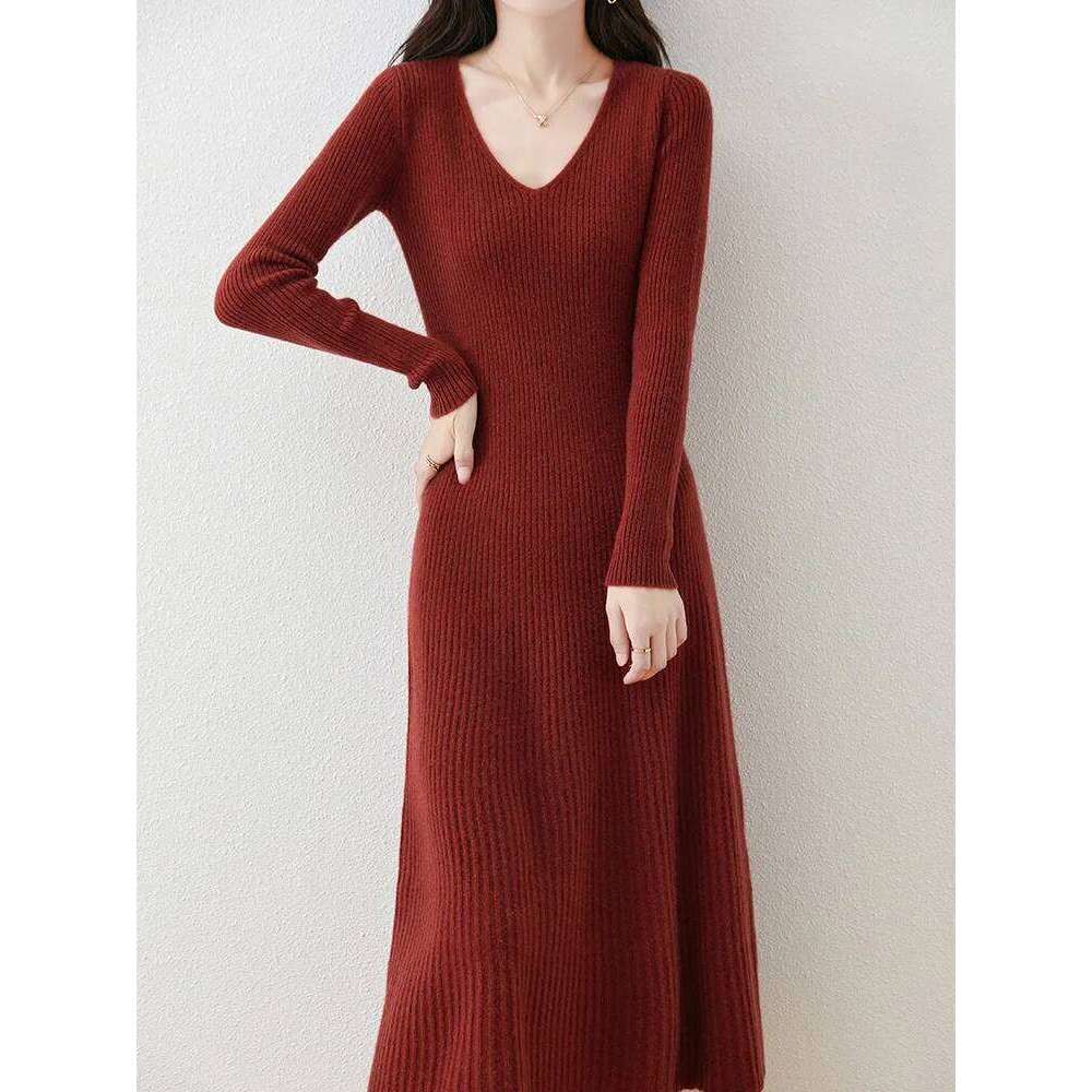 Mini Star Women Sweater Dress V-neck Pullover 100% Merino Wool Knitwear Autumn Winter Cashmere Soft Fit-Flare A-Line Skirts Z260314