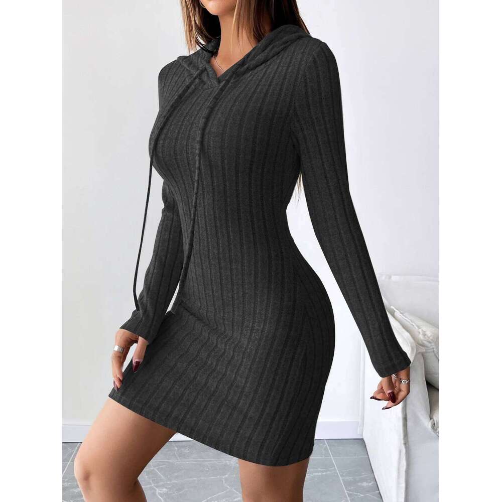 Trendy Ribbed Knitted Hooded Slim Fit Dress with Drawstring - Comfortable Casual Style for Women Z260314