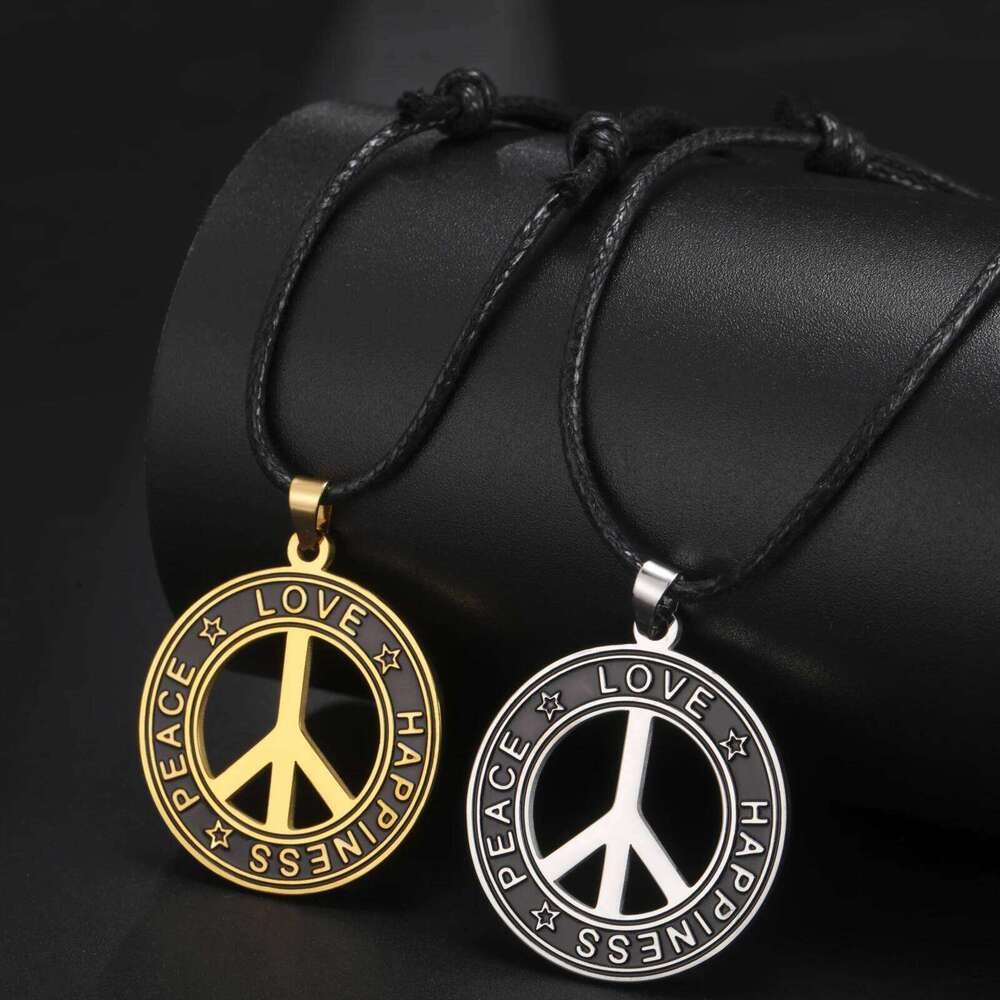 My Shape Round Peace Sign Symbol Pendant Necklace Stainless Steel Charm Choker Wax Cord Link Chain for Women Men Jewelry Gifts H260312
