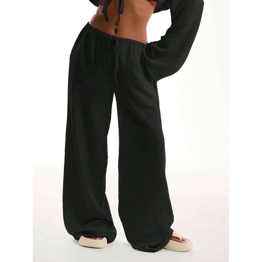 Casual Oversized White Solid Wide Leg Pants Fashion Women Elastic High Waist Pocket Baggy Sweatpant Office Lady Commute Trousers