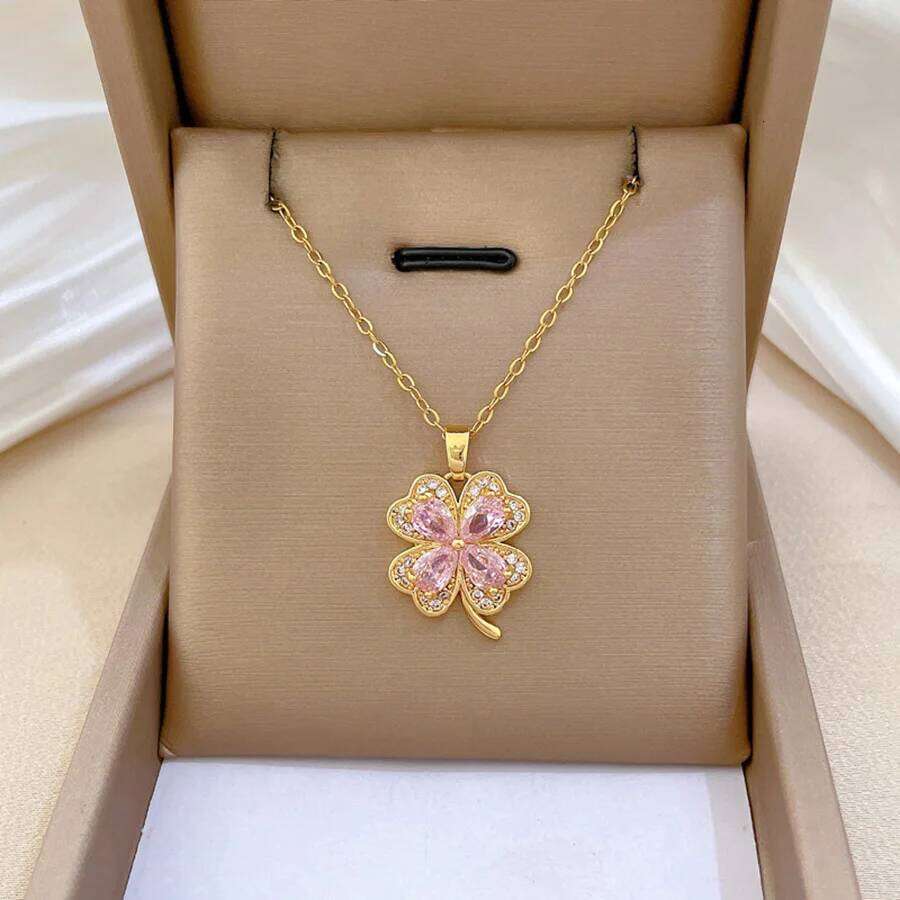 Titanium Steel Pink Lucky Cr Necklace for Women Elegant Choker Versatile Jewelry Accessory H260312