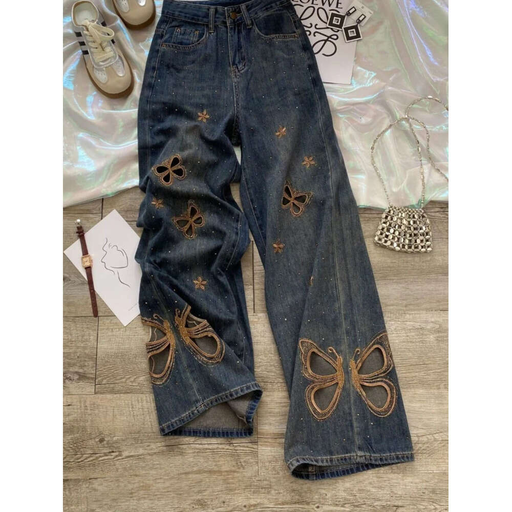 Butterfly Rhinestone Jeans Women Y2K Summer High Waist Wide Leg Straight Pants Distressed Hollow Out Loose Fit Denim Trousers Z260313