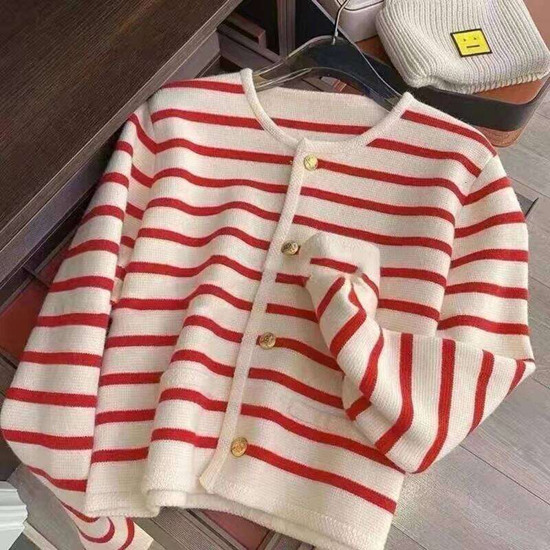 Women Stripe Knitted Cardigans Spring Autumn O-neck Single Breasted Long Sleeve Crop Tops Fashion Casual Chic Female Sweaters Z260314