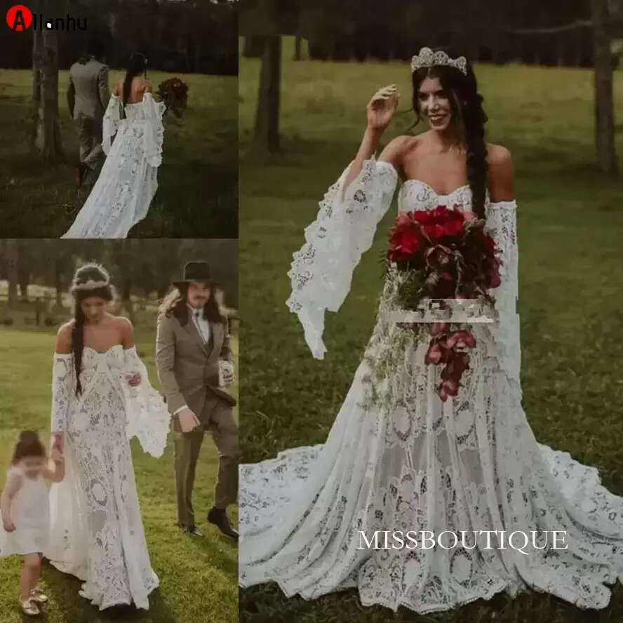 2022 Lace Country Wedding Dresses Bridal Gown Sweetheart Neckline With Detachable Long Sleeves Custom Made Plus Size Beach Boho Vestidos De Novia 401 