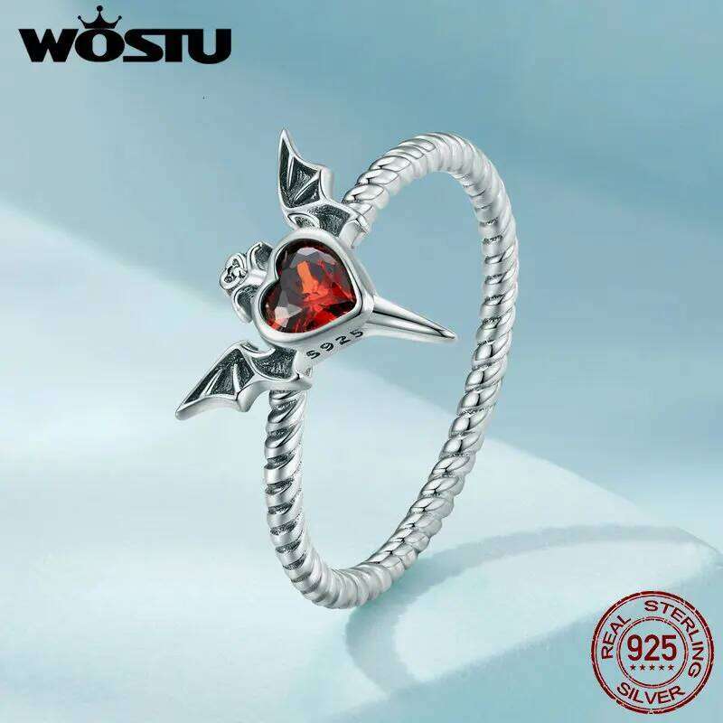 WOSTU 925 Sterling Silver Punk Goth Bat Wings Braided Ring Black Heart CZ Retro Rings for Women Halloween Jewelry Gift Hiphop H260312