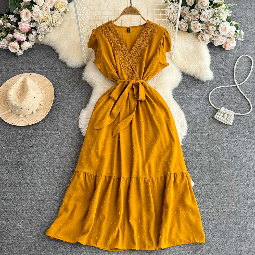 Fashionable women's bubble sleeve V-neck waist cinching tie waist A-line pleated chiffon dress elegant long style