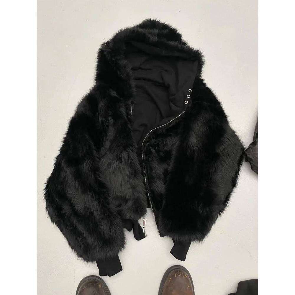 Autumn Winter Oversized Thickened Warm Black Reversible Faux Fur Parka Coat women with Hood Zipper Fluffy Sweatshirt 2025 Z260313