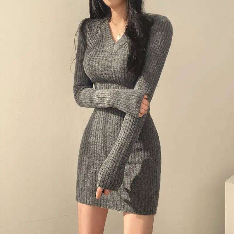 ITOOLIN Knit Bodycon V-Neck Long Sleeve Slim Sexy Solid Casual Midi Sweater Dress For Women 2025 Autumn Z260313