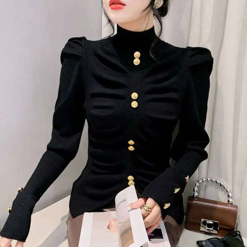 Semi-turtleneck Sweater Women's Bubble Sleeves Slim-fit Knitted Pullover Pleated 2024 Autumn New Long-sleeved Temperament Top Z260314