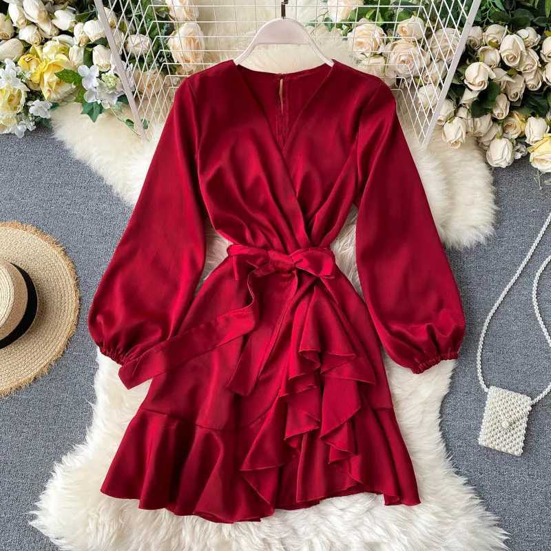Slimming V-Neck Long Sleeve Lantern Sleeve Dress A- Line Skirt High Waist Polyester Fiber Short Dress OL Commute Pure ColorT260314