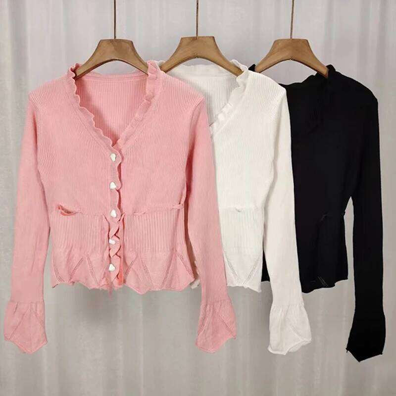 Sweet Ruffles Knitted Sweater Women Korean Fashion Hotsweet Skinny Cardigan Female Lace Patchwork Drawstring Fake Two Pieces Top Z260313