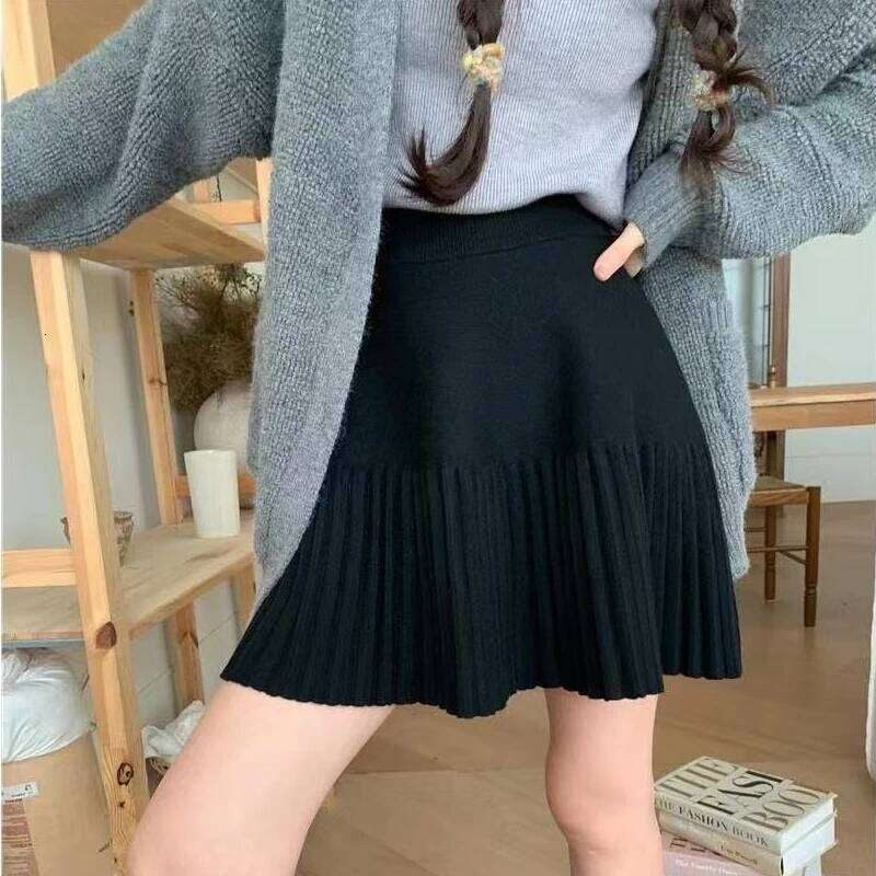 2025 Spring Autumn New High-waisted A-line Skirt Women Knitted Pleated Shirts Lady Solid Color Preppy Style Mini Skirts Z260314