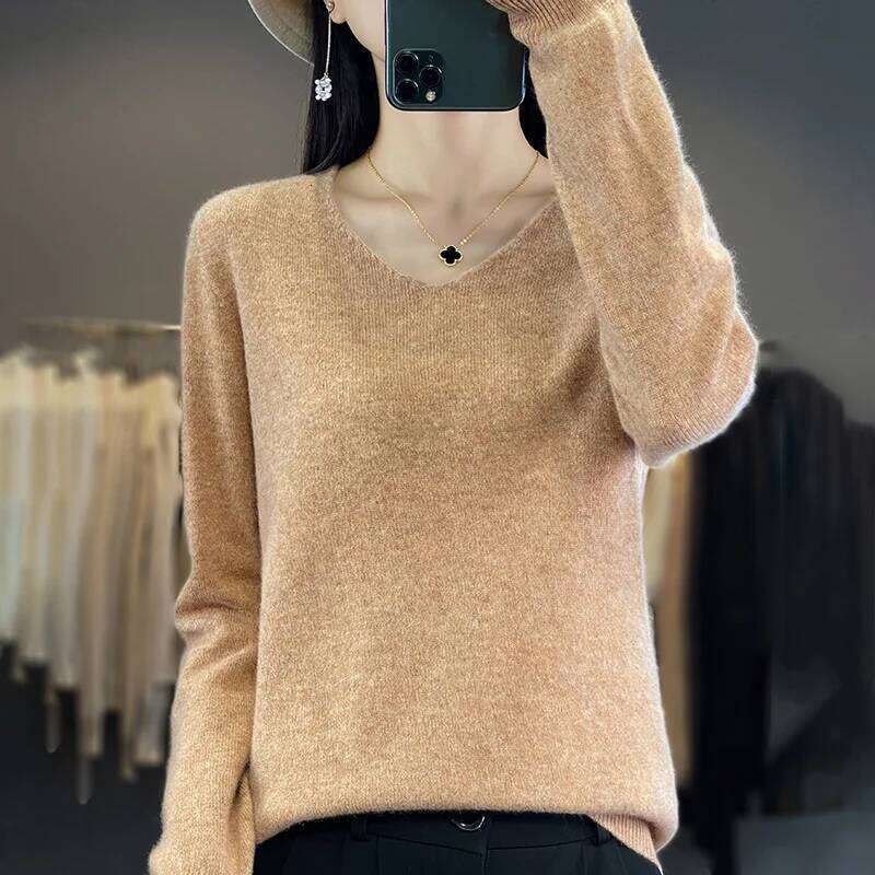 Women 100% Merino Wool Sweater V-Neck Basic Pullover Autumn Winter Cashmere Clothing Long Sleeve Soft Knitwear Tops Solid Color Z260313