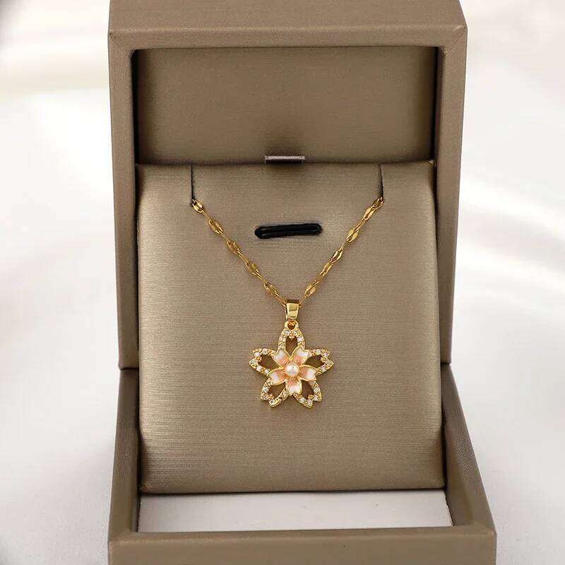 360 rotatable decompressed flower pearl five-pointed star pendant necklace for womens birthday and Thanksgiving gift H260312