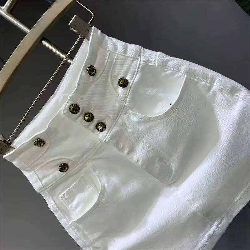new white high-waisted denim skirt button a-word hip skirts for women with pocket Z260314