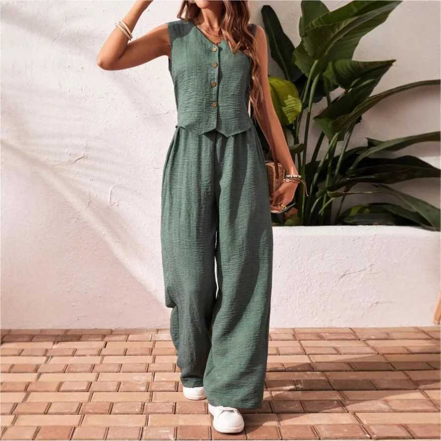 Spring Summer Bohemian Style Beach Vacation Set Women Sleeveless Vest Single-breasted Vest Wide-leg Pant Solid Color 2 Piece Set M260313