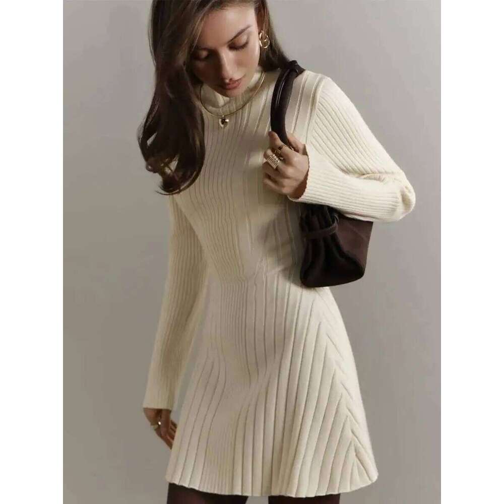 Knitting Women's 2025 Spring Knitted Dress Long Sleeve Semi-High Neck A Line Skirt For An Elegant And Playful Look Z260314