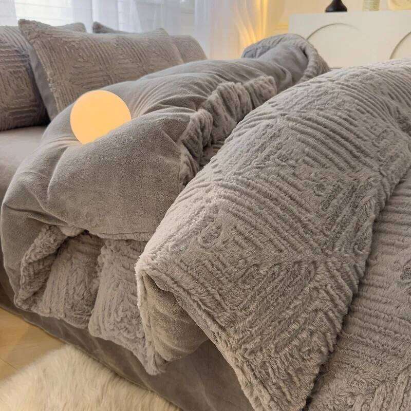 2025 winter model carved rabbit fur milk four-piece set coral fleece thickened bed quilt cover fitted sheet kit H260312 - view 3