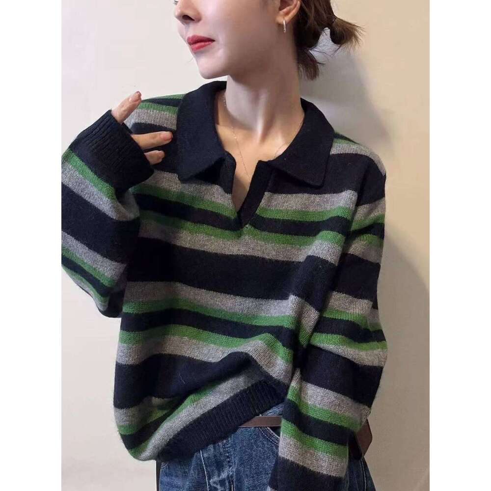 Contrast cashmere stripe new autumn sweater slim long sleeve pullover popular commuting style comfortable. Z260314