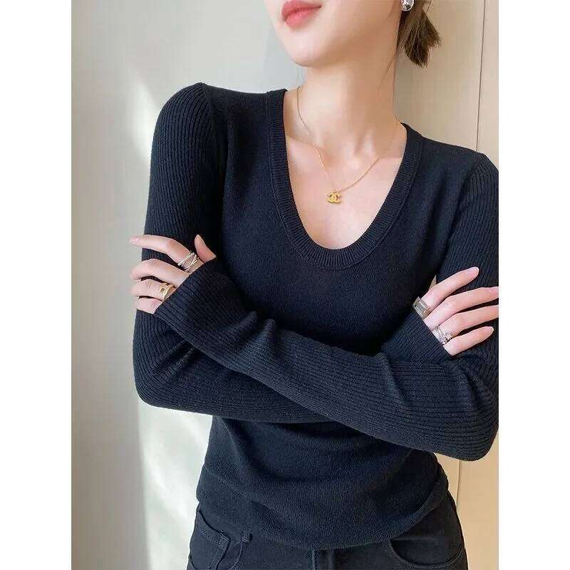 2025 New Gray U-neck Women's Autumn Slim Fit Bottoming Shirt Tight Sweater Z260313