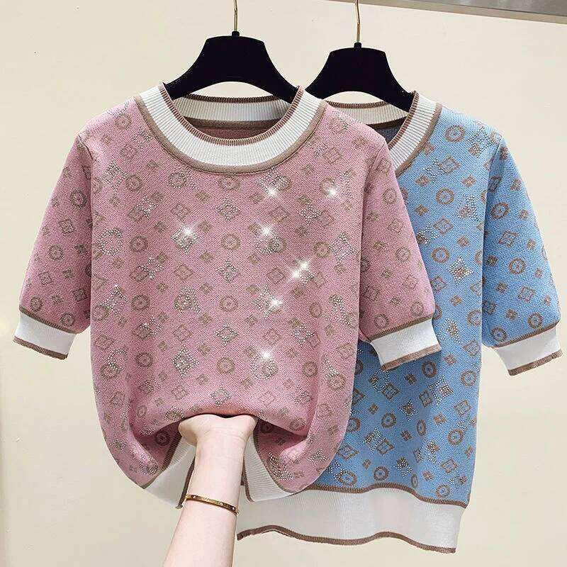 2023 Spring Women Fashion Short Sleeve Sweater Female Knit Glitter Stones T Shirt Femme Vintage Slim Summer Tops Z260313