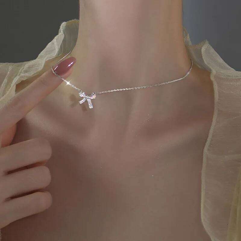 Silver Color Bow Clavicle Chain Fashion Acrylic Crystal Pendant Necklace For Women INS Jewelry Kpop Accessories H260312