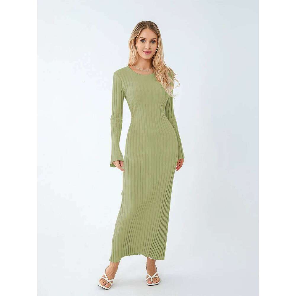 Women Spring Autumn Lace-up Knit Elegant Sleeve Crew Neck Ribbed Solid Color Long Dress Streetwear Z260313