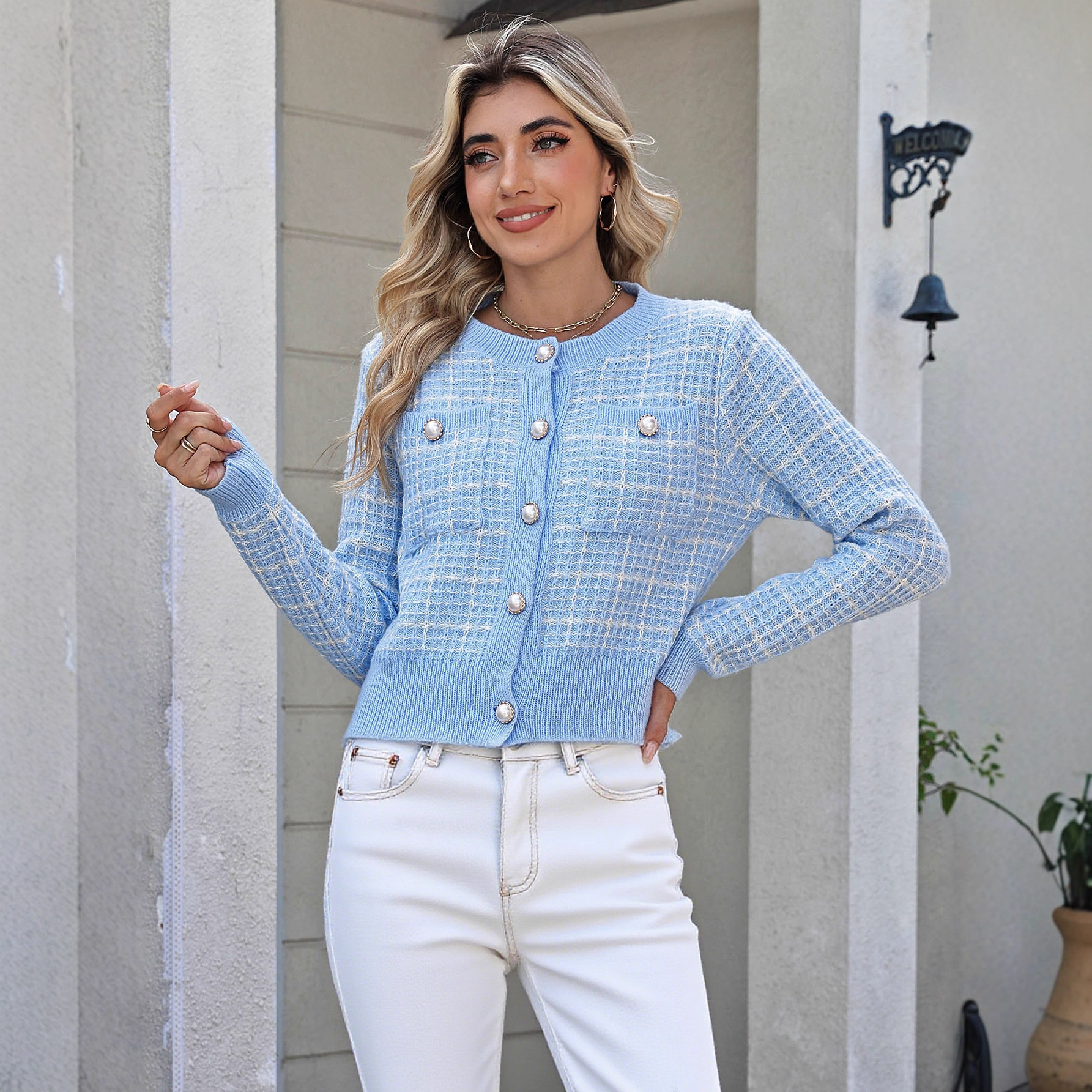 Luxury Brand Designer Clothes 2025 European And American Women's Fashion Plaid Knitted Cardigan, Elegant Jacket With Pearl Buttons, Stylish Women