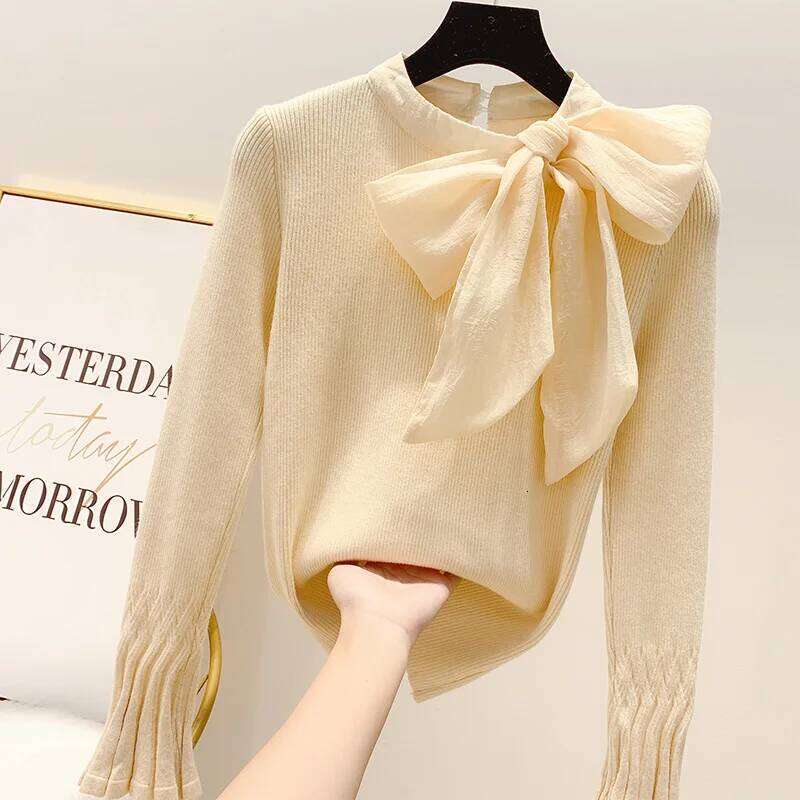Autumn Winter Retro Tie 3D Bow Decors Sweater Flare Pullovers Bottoming Knitted Shirt Long Sleeve Tops Blusas Mujer 2019 Z260314
