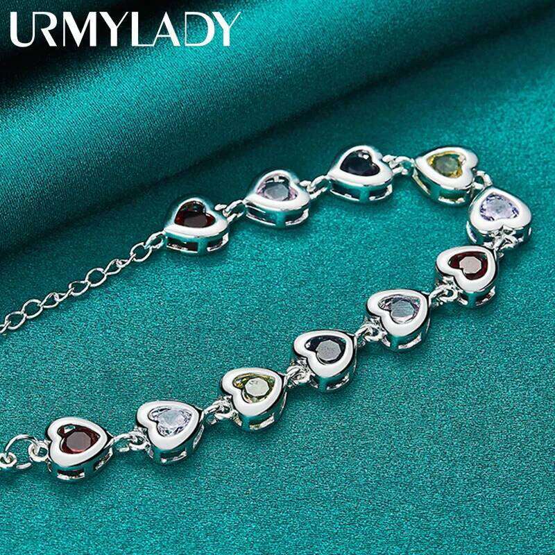 URMYLADY 925 Sterling Silver Heart inlaid With Multi-color AAA Zircon Chain Bracelet For Woman Wedding Engagement Party Jewelry Z260313