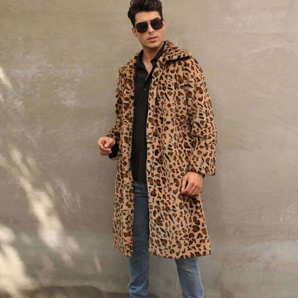 Men Faux Leopard Coat Winter Thick Sleeve Warm Shaggy Outerwear Luxury Fur Long Jacket Bontjas Jackets Mens Z260313