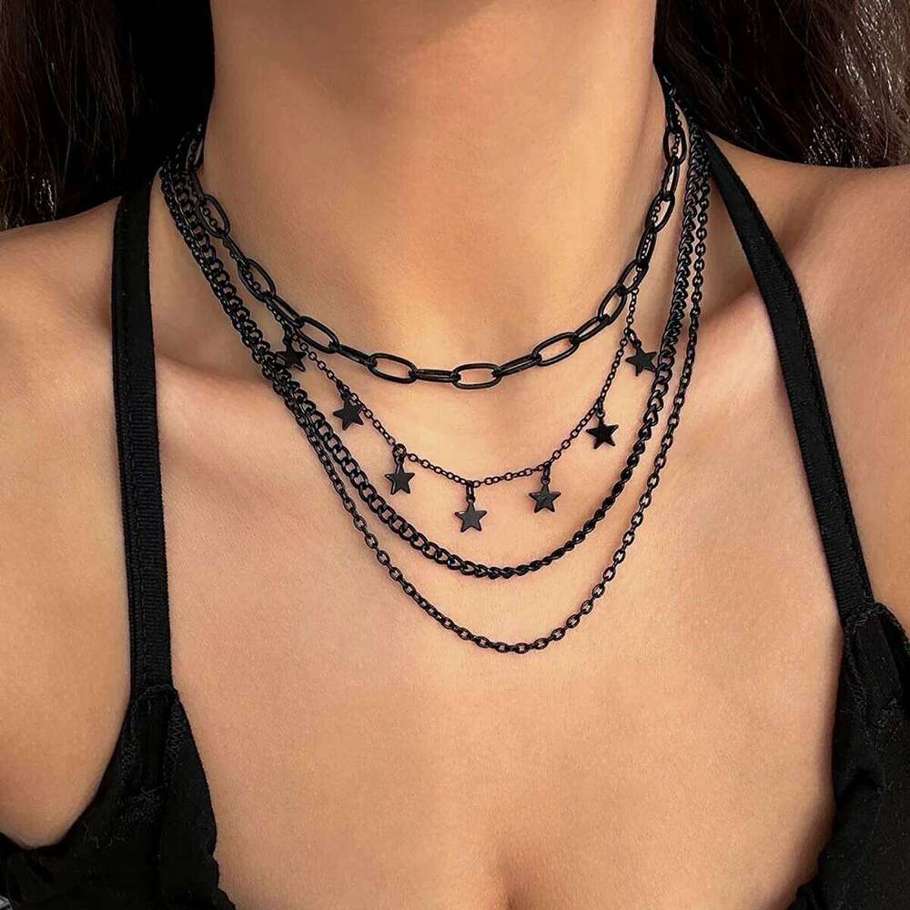 Salircon Gothic Dark Style Multi-layer Metal Fashion Star Pendant Short Collarbone Necklace Women's Trend Party Jewelry H260312