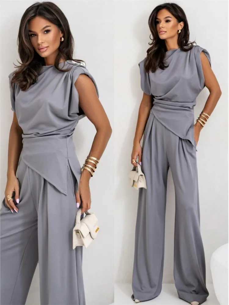 Summer Fashion Solid Two Piece Sets For Women Elegant Slim Office Suit Casual Irregular Top Wide Leg Trousers Female Pants Sets M260313