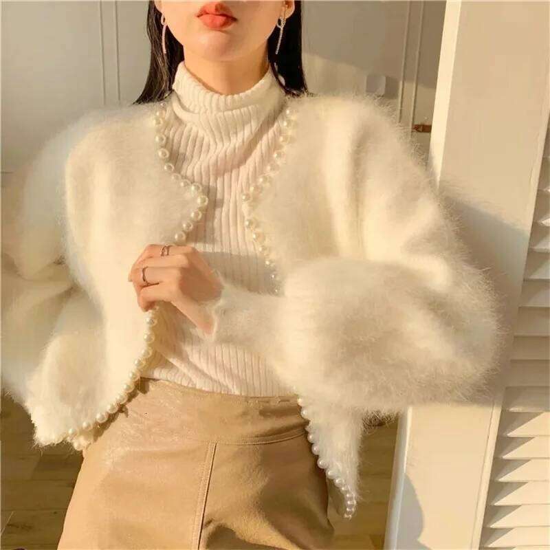 2026 Autumn Winter New Fashion Ladies Pearl Knit Lantern Sleeves Imitation Mink Fleece Sweater Cardigan Jacket Women Outerwear Z260313