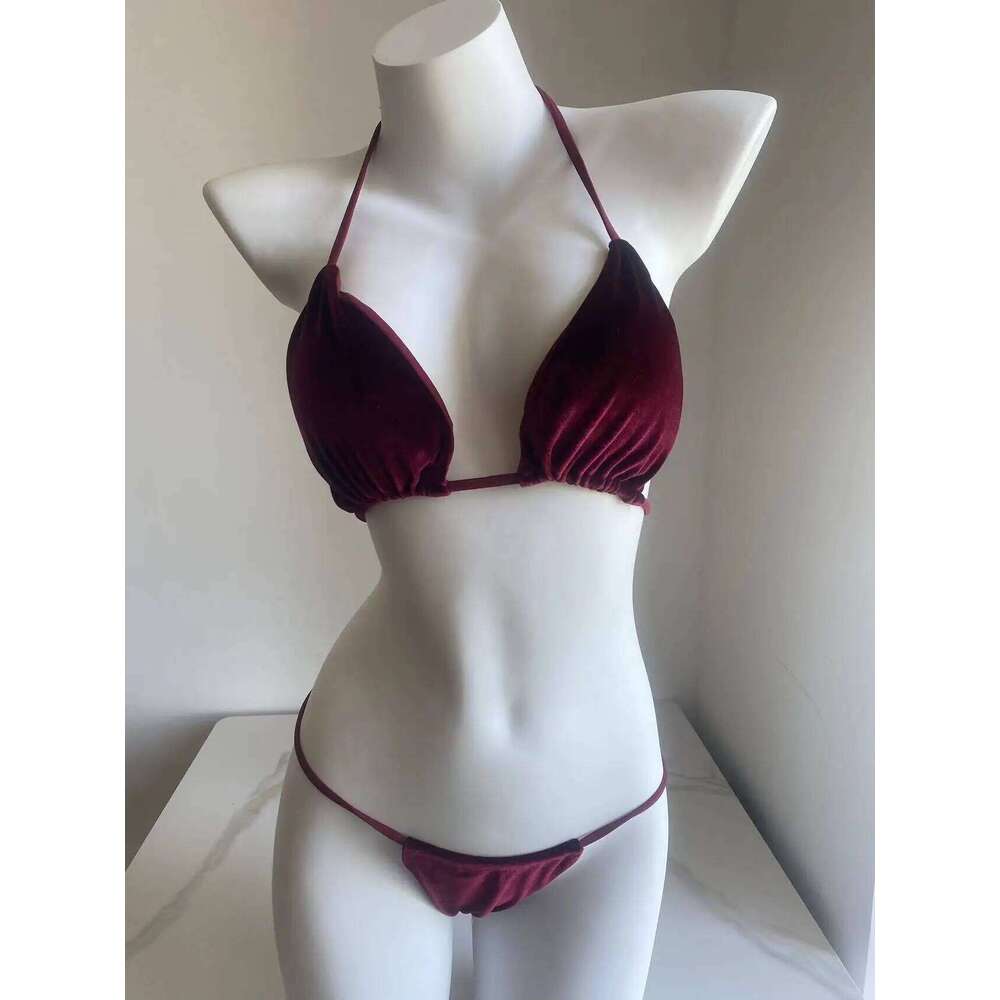 Velvet Bikini Thong Halter Strappy Swimsuit Classic Swimwear Two Piece Women 2024 Beach Outfit Triangle Bikinis Set Bathing Suit Y260303