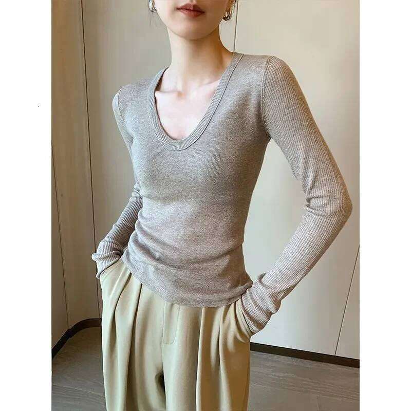 2025 New Gray U-neck Women's Autumn Slim Fit Bottoming Shirt Tight Sweater Z260313