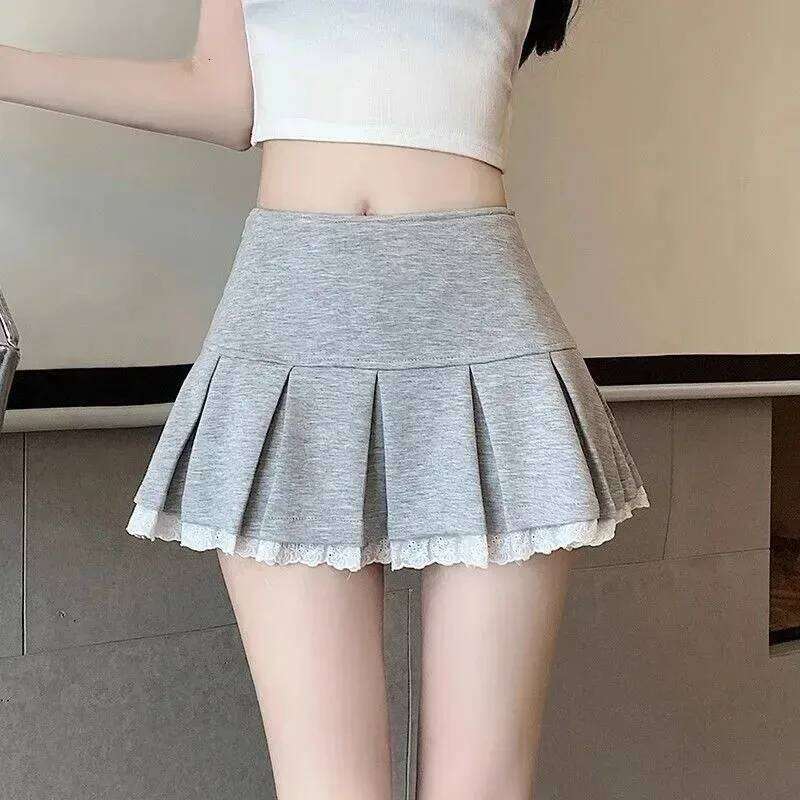 High-Waisted Skirts for Women Korean Fashion Lace Spliced Pleated Ladies Summer All-Match Anti-Glare Mini Skirt Z260314