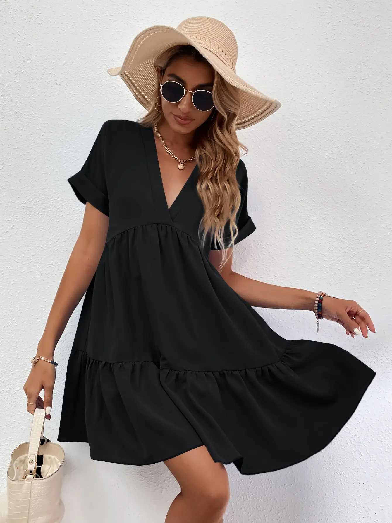 Fashionable womens black V-neck dress satin fabric rolled short sleeves multi-layer ruffled hem casual everyday wearT260314