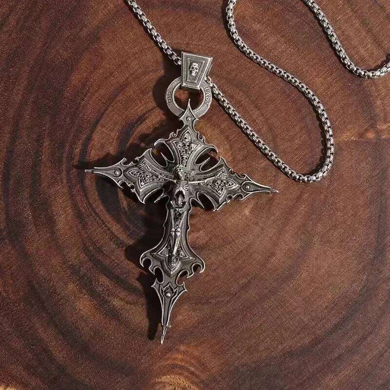 Gothic Skull Jesus Cross Pendant Necklace Jewelry for Men Large Vintage Skeleton Punk Religious Amulet Necklaces H260312