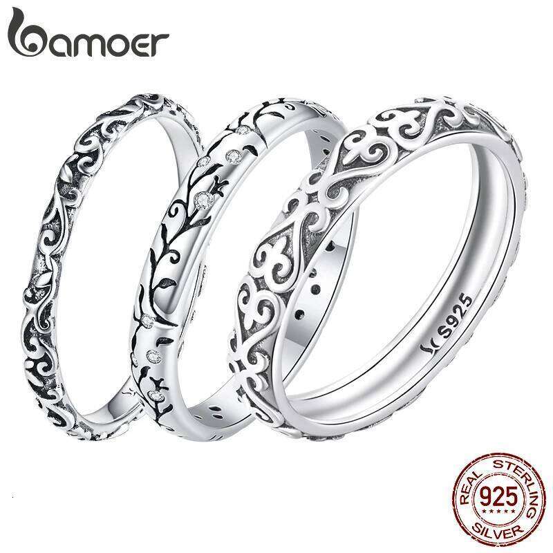 BAMOER 925 Sterling Silver Vintage Embossed Vine Pattern Band for Women, Stackable Engraved Iris Ring Minimalist Daily Gift H260312