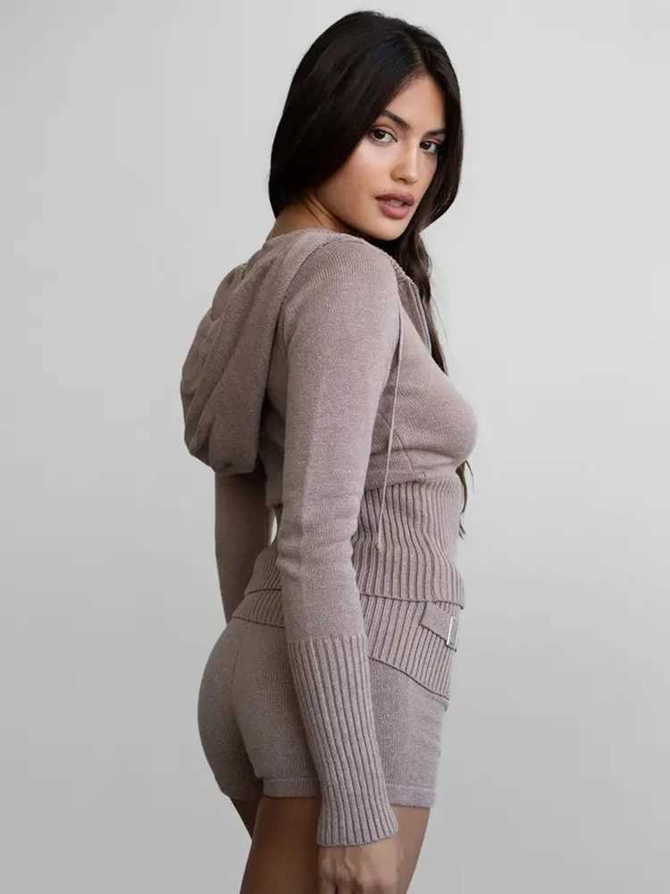 Spring Autumn Knitted Shorts Suit Women Long Sleeves Hooded Zipper Topshigh Waist Slim Shorts Female Solid Knit Two Piece Set M260313