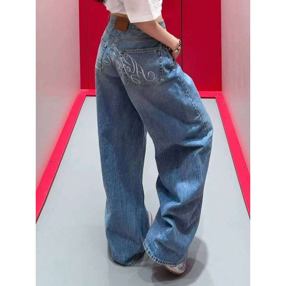 2025 Ropa Y2K Style Letter Hot Fix Rhinestone Baggy Stacked Jeans Pants For Women Clothing Luxury Wide Leg Lady Denim Trousers Z260313