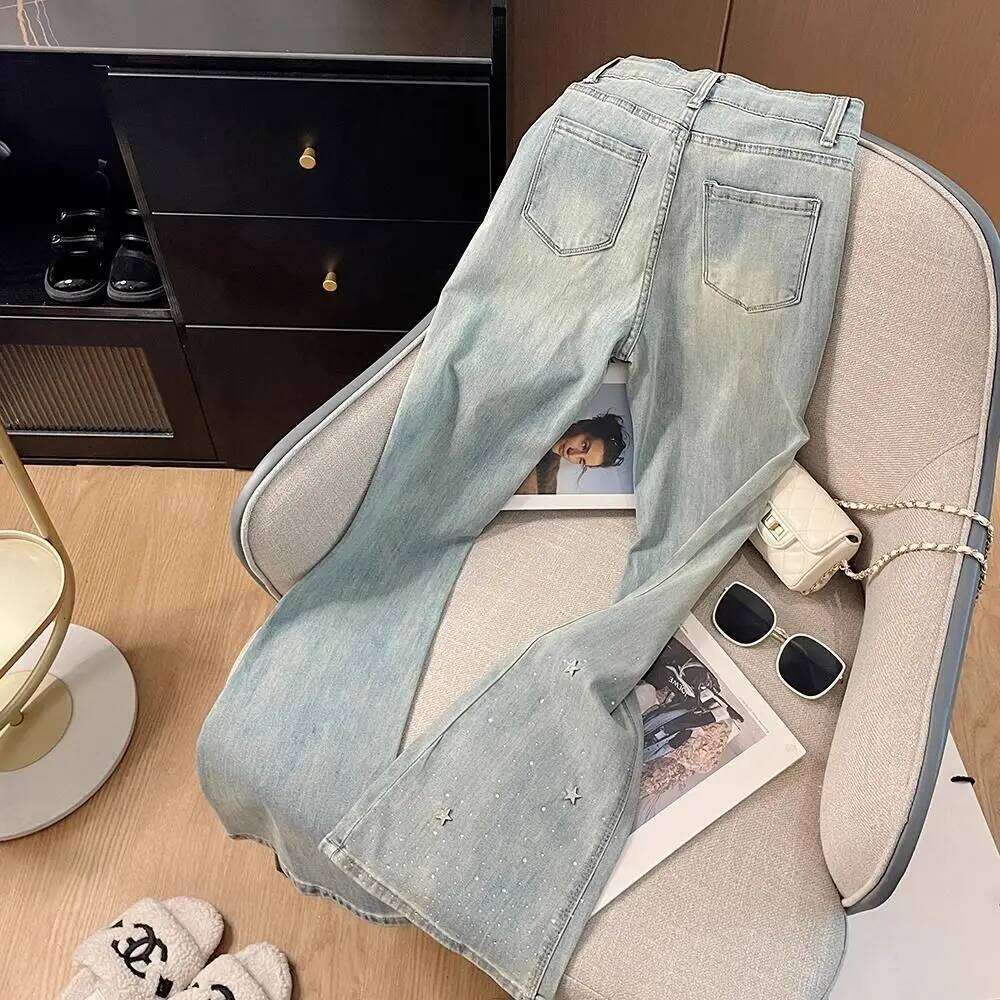 Heavy-Duty Star Rhinestone Shiny Light Blue Jeans Women's Summer High Waist Slim Stretch Flared Pants Z260313