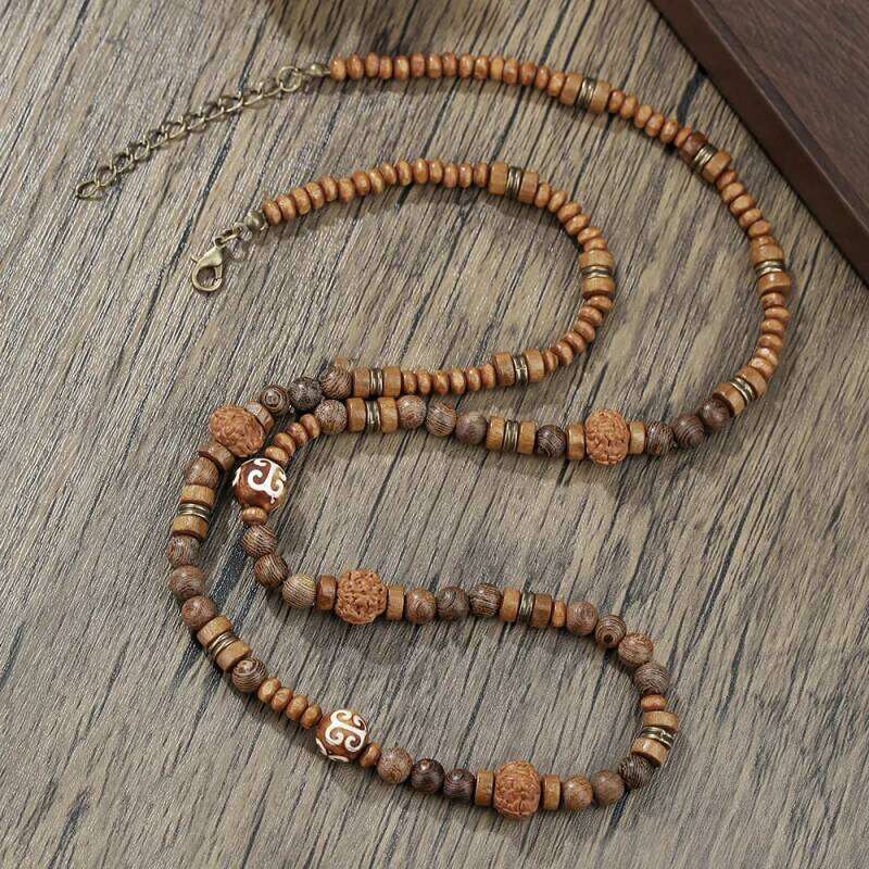 Wooden beaded necklace men's vacation, retro long beach walnut collarbone chain H260312