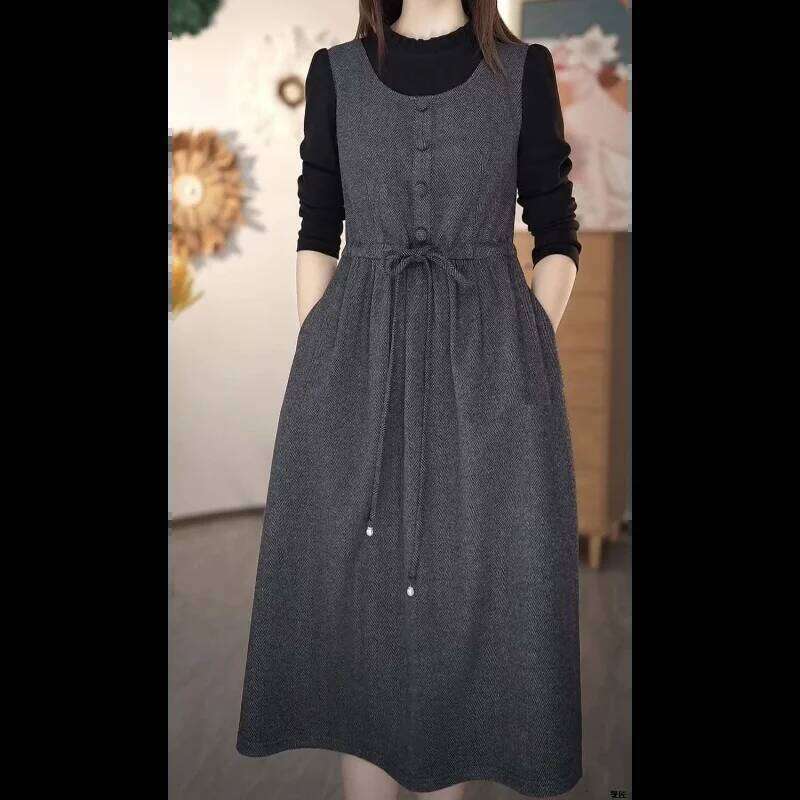 2025 Western Style Spring Autumn New Fashion Fake Two-piece Women's Waist Long Sleeve Dress Z260313