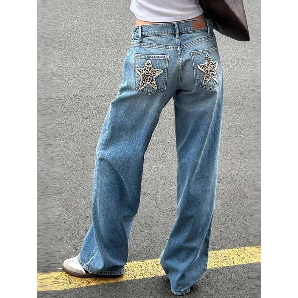 Star Patch Splicing Straight Jeans Woman High Waist Loose Denim Pants Chic Street Casual Women's Spring Summer New Long Trousers Z260313
