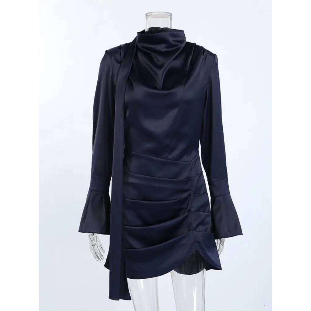 Irregular Navy Blue Long-sleeved For Women New Autumn Winter Short Dress Trumpet Sleeves Slim-fitting Hip Frock Ropa Mujer Z260314