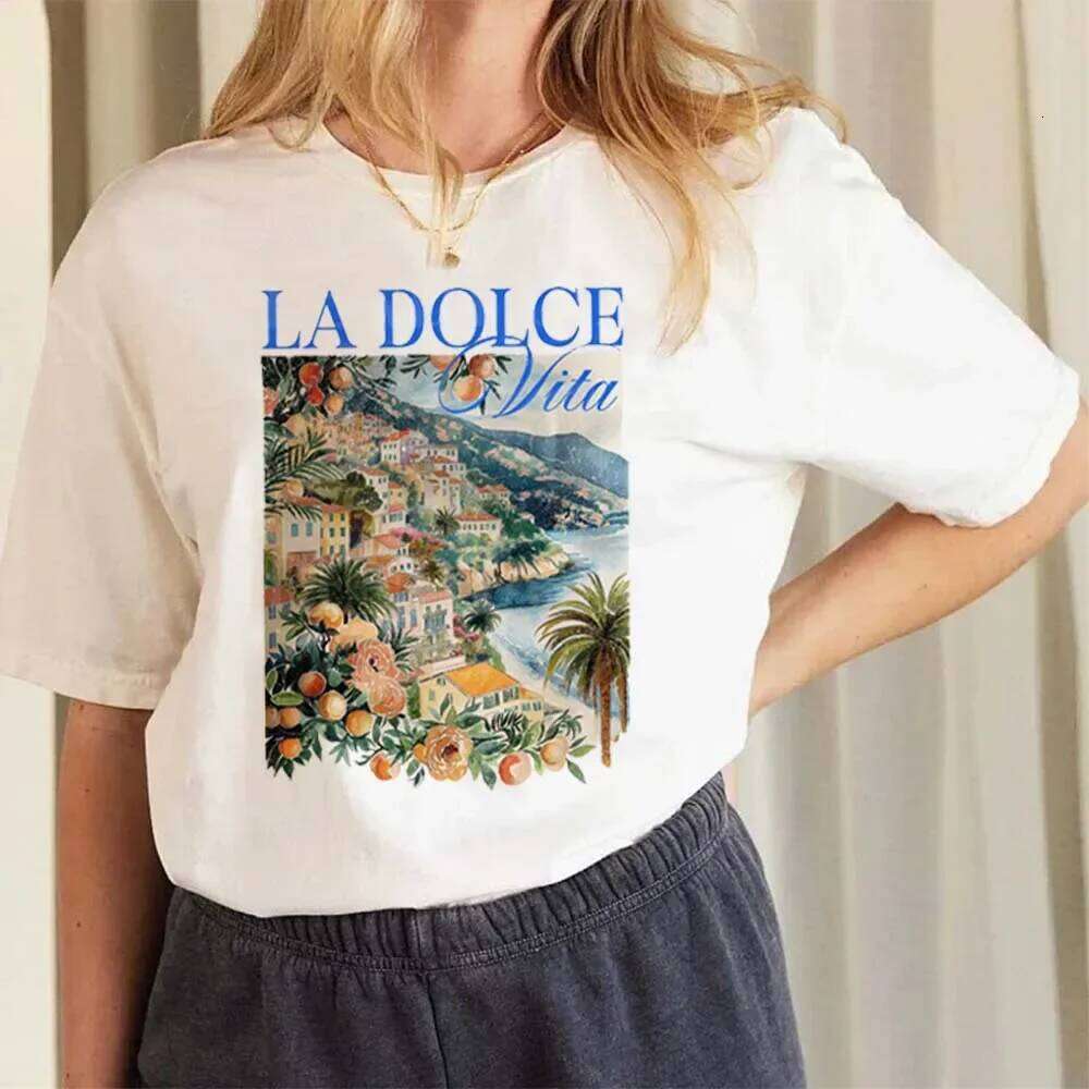 La Dolce Vita Fun Letter Cartoon Print T-Shirt O-Neck Short Sleeve Basic Top Trendy Versatile Travelwear Female Clothing Z260314