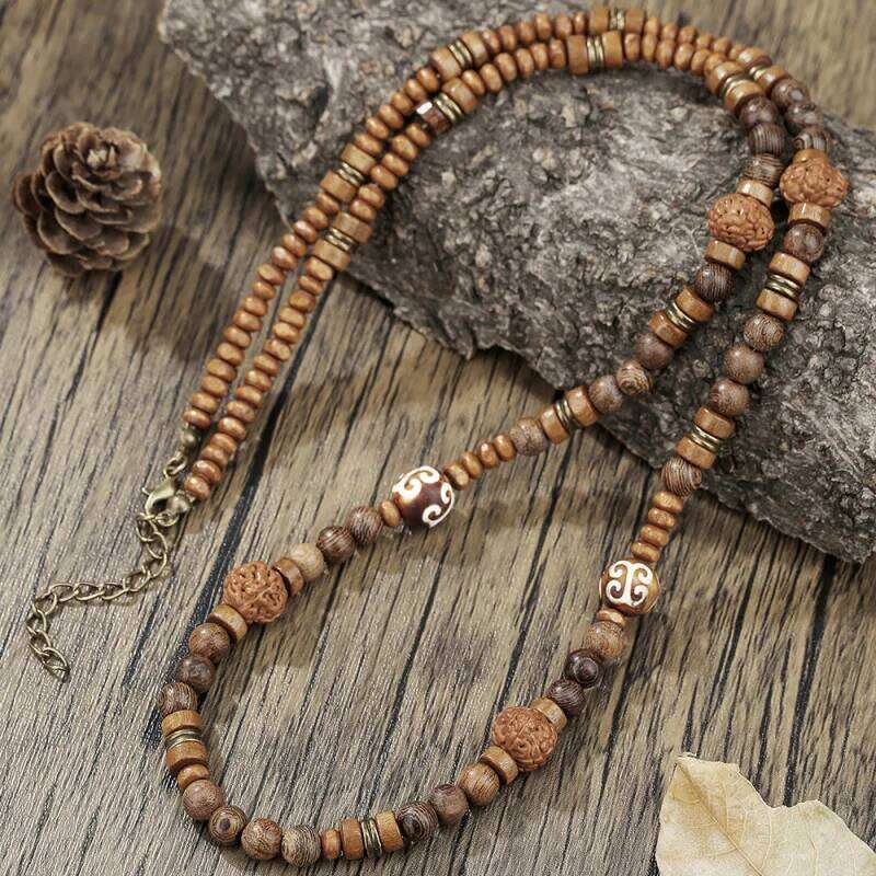 Wooden beaded necklace men's vacation, retro long beach walnut collarbone chain H260312