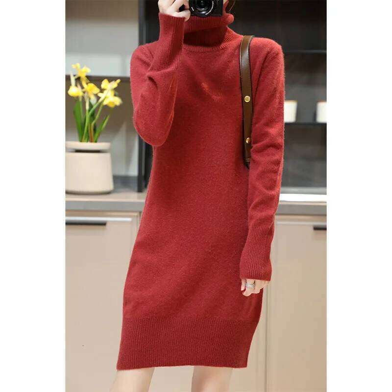 Elegant Cashmere Sweater Womens Dresses 100% Merino Wool Autumn Winter Turtleneck Knitted Dress Female Casual Long-Sleeve Skirts Z260314